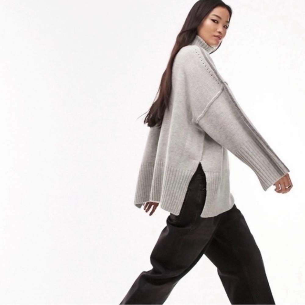 Topshop Premium 100% Lambswool Oversized Turtleneck Sweater Gray US 4-6 Capsule